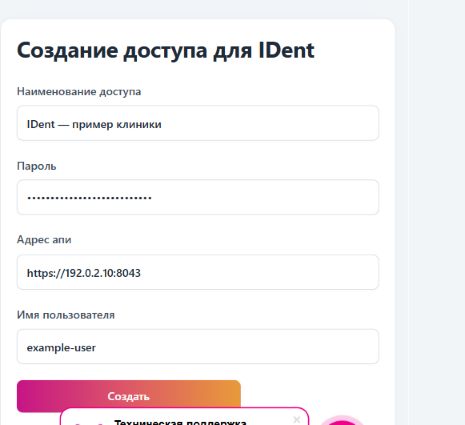Поля создания доступа IDent в Avecme с демонстрационными данными