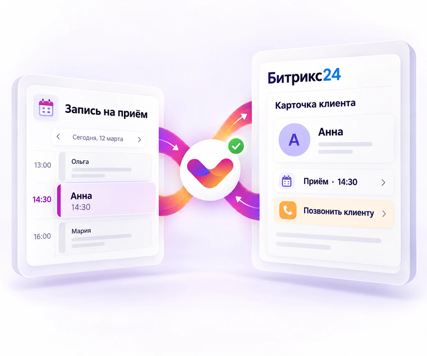 Avecme связывает запись на приём с карточкой клиента и задачами в Битрикс24